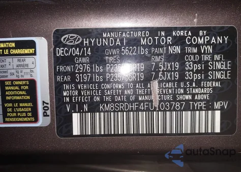 2015 Hyundai Santa Fe Limited from USA, damaged, VIN KM8SRDHF4FU103787